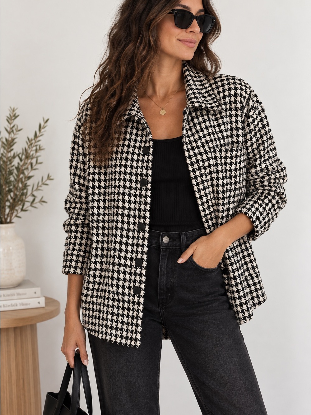 WAYF Houndstooth Oversized Shirt Jacket Shacket Black Cream Size S